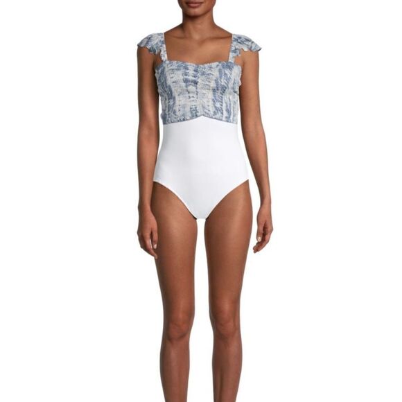 LA MODA CLOTHING Shirred Tie-Dye Cover-Up Crop Swim Top, Blue/White, L/XL, NWT - Picture 3 of 4